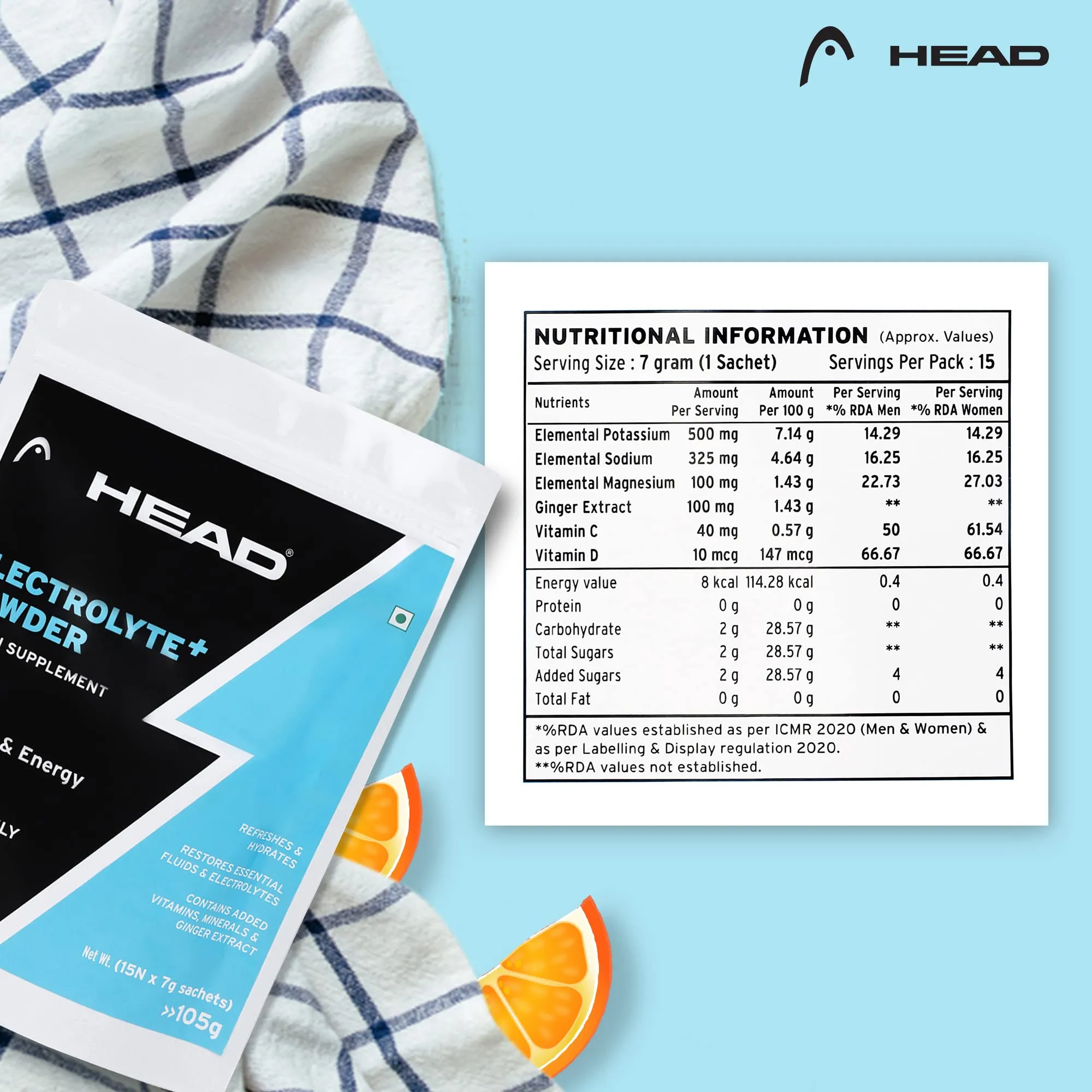 Head Electrolyte - 237g Oral Rehydration Powder with 5 Vital Ingredients Sodium, Potassium, Magnesium, Vitamin C and Vitamin D| Orange Flavor |For Quick Hydration and Energy | Instant Hydration