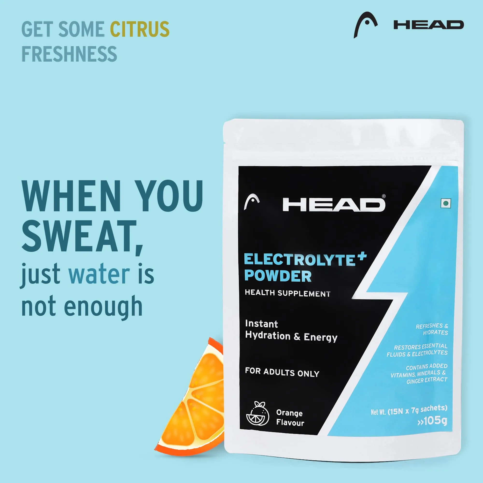 Head Electrolyte - 237g Oral Rehydration Powder with 5 Vital Ingredients Sodium, Potassium, Magnesium, Vitamin C and Vitamin D| Orange Flavor |For Quick Hydration and Energy | Instant Hydration