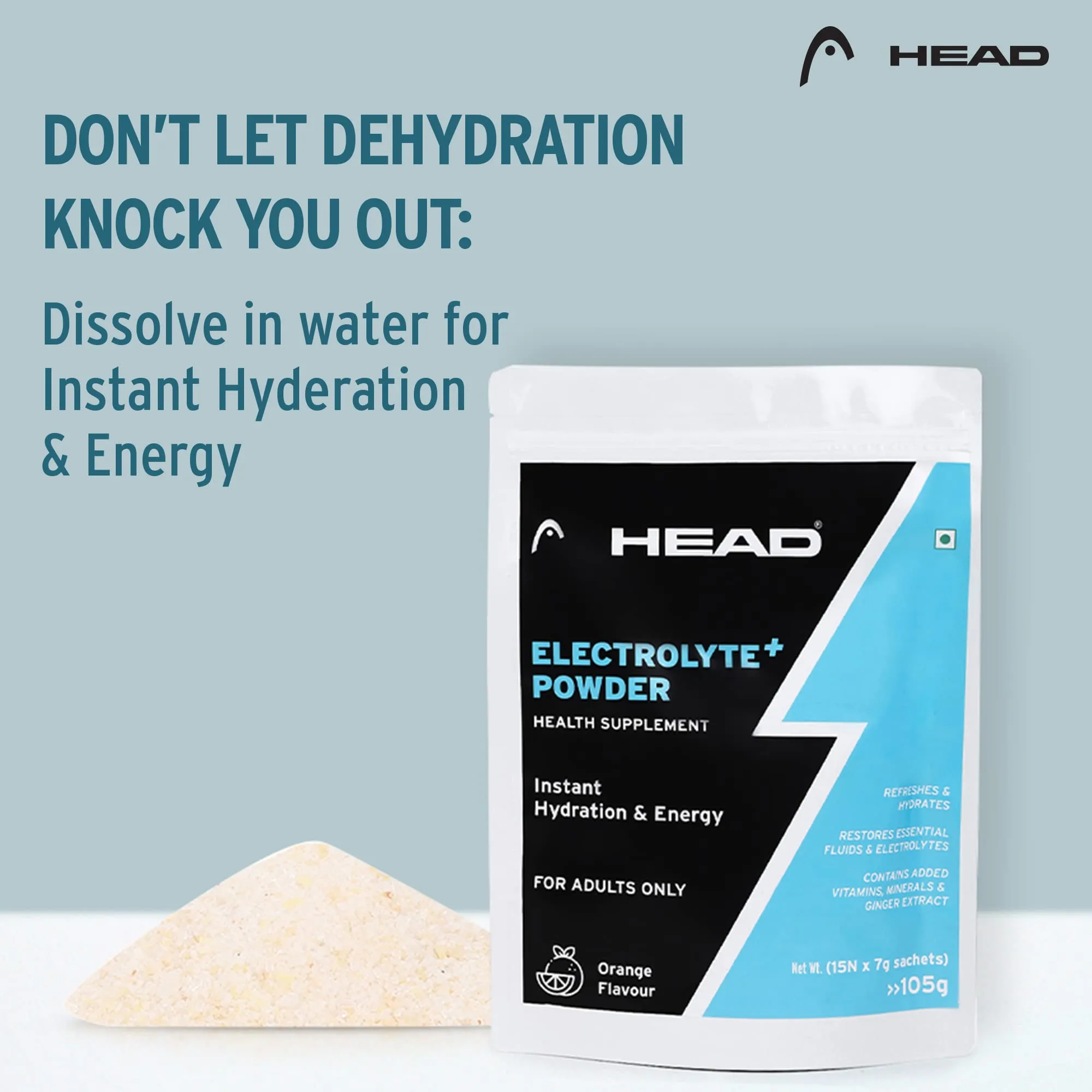 Head Electrolyte - 237g Oral Rehydration Powder with 5 Vital Ingredients Sodium, Potassium, Magnesium, Vitamin C and Vitamin D| Orange Flavor |For Quick Hydration and Energy | Instant Hydration