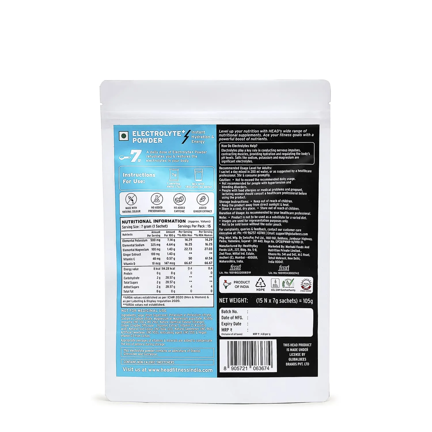 Head Electrolyte - 237g Oral Rehydration Powder with 5 Vital Ingredients Sodium, Potassium, Magnesium, Vitamin C and Vitamin D| Orange Flavor |For Quick Hydration and Energy | Instant Hydration