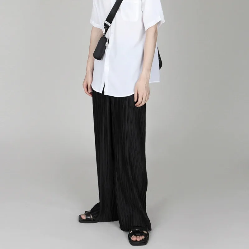 Ice Silk Casual Pleated Wide-Leg Pants With Draped Floor-Length Design