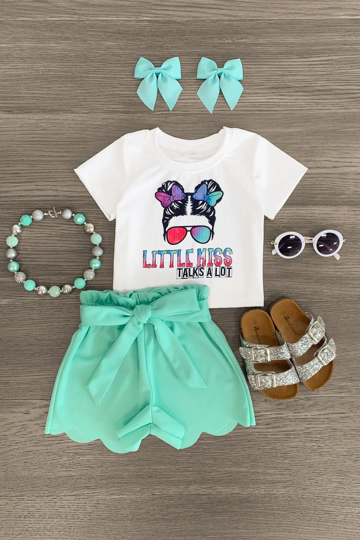 "Little Miss Talks A Lot" Mint Scalloped Short Set