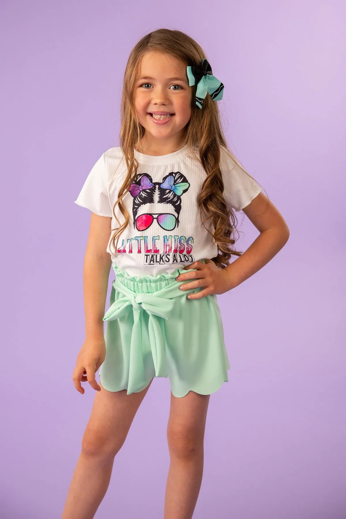 "Little Miss Talks A Lot" Mint Scalloped Short Set