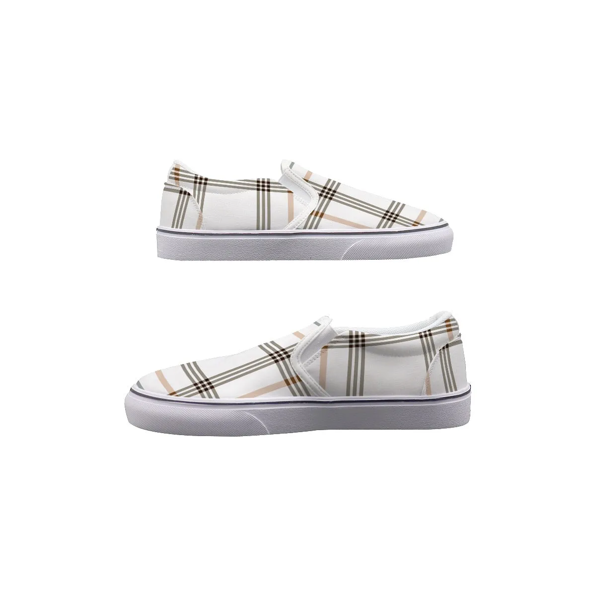 So#15 Men's Slip On Sneakers, plaid tan, and gold print