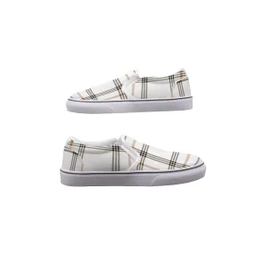 So#15 Men's Slip On Sneakers, plaid tan, and gold print