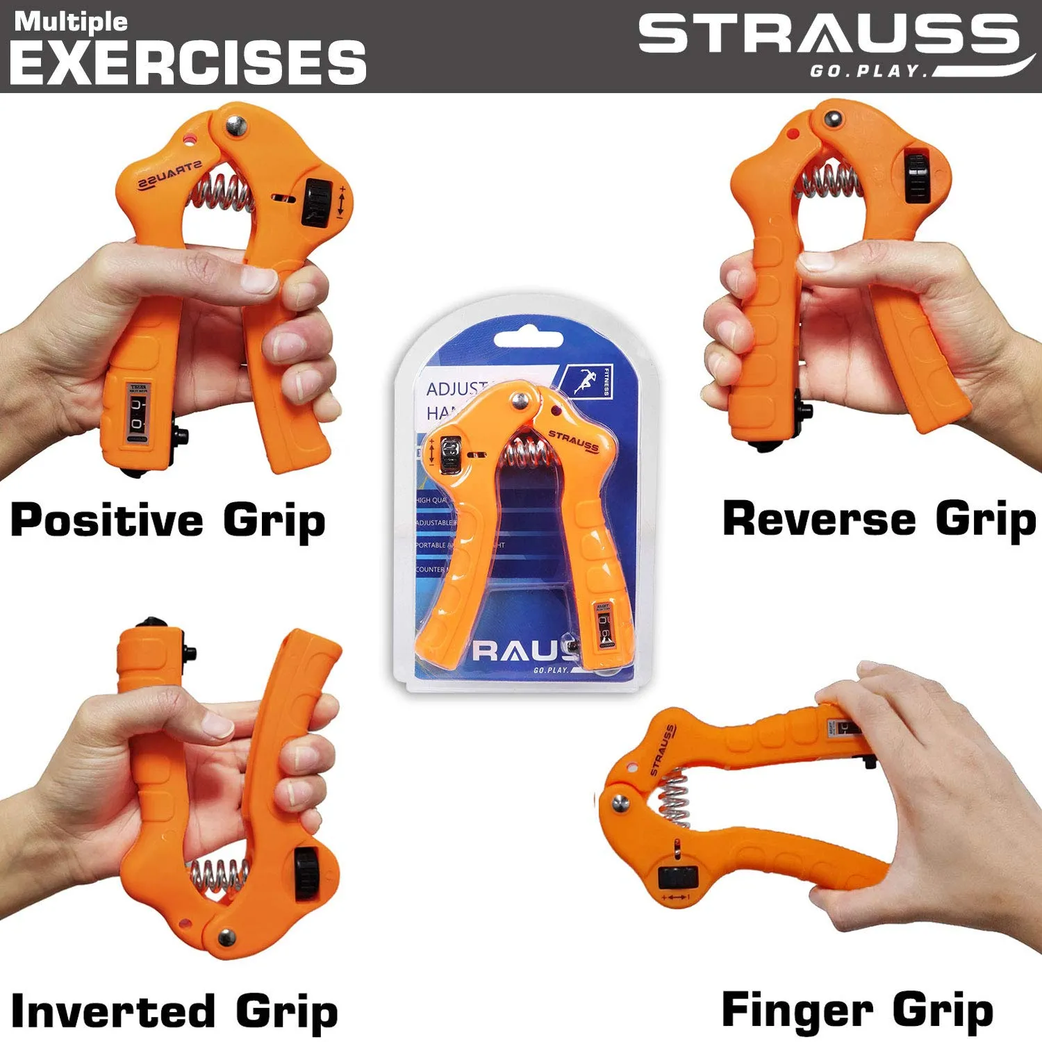 Strauss Adjustable Hand Grip Strengthener with Counter, (Orange)