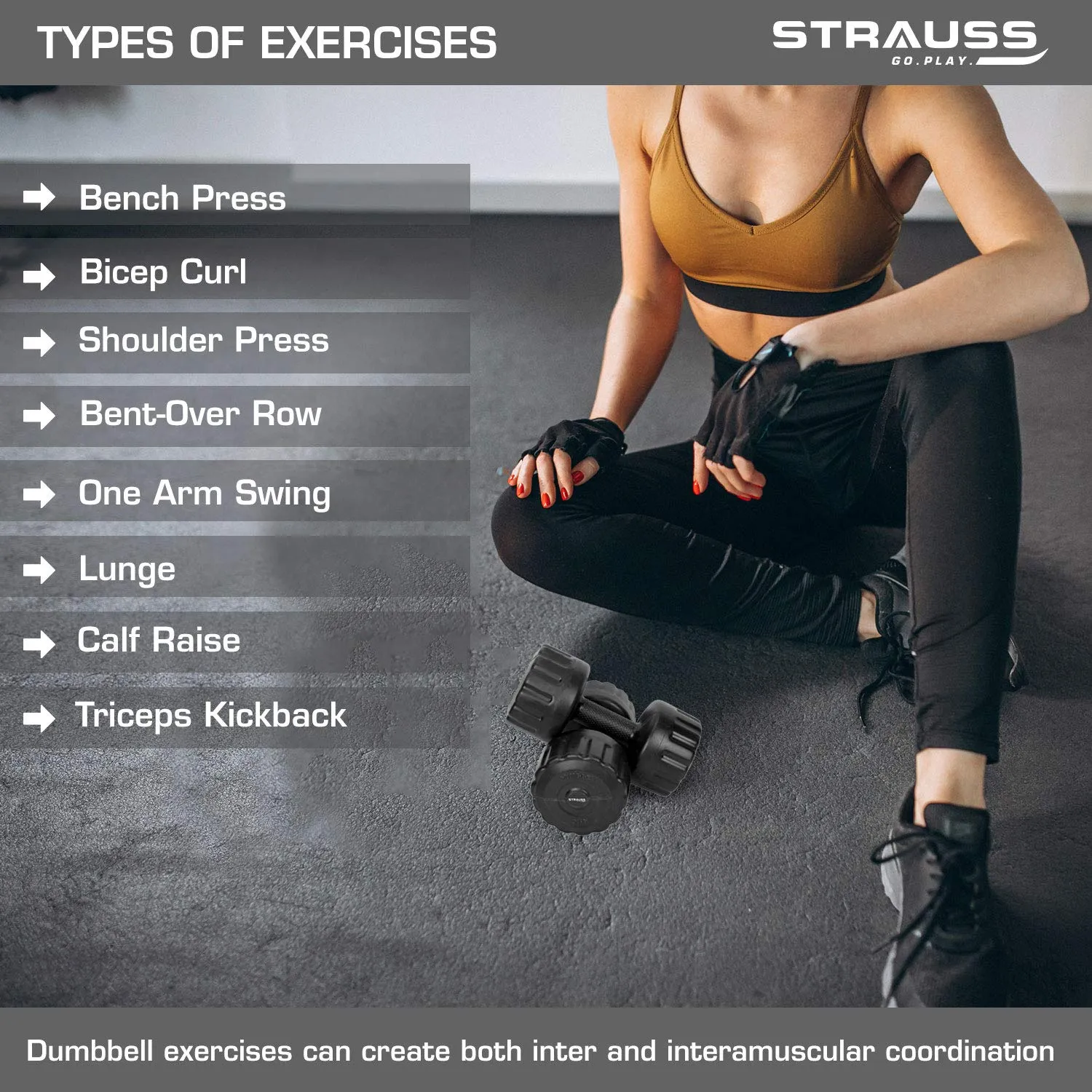 Strauss Unisex PVC Dumbbells Weight for Men & Women | 2Kg (Each)| 4Kg (Pair) | Ideal for Home Workout and Gym Exercises (Black)