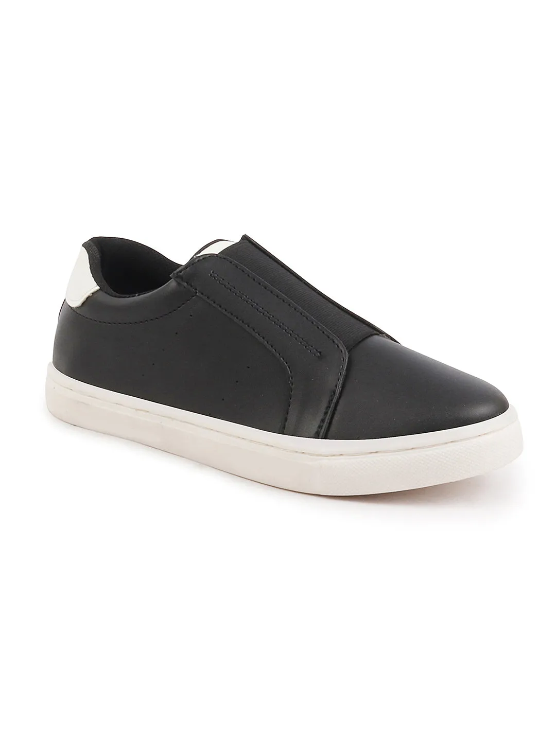 Women Black Elastic Closure Stitched Comfort Slip On Sneaker Shoes