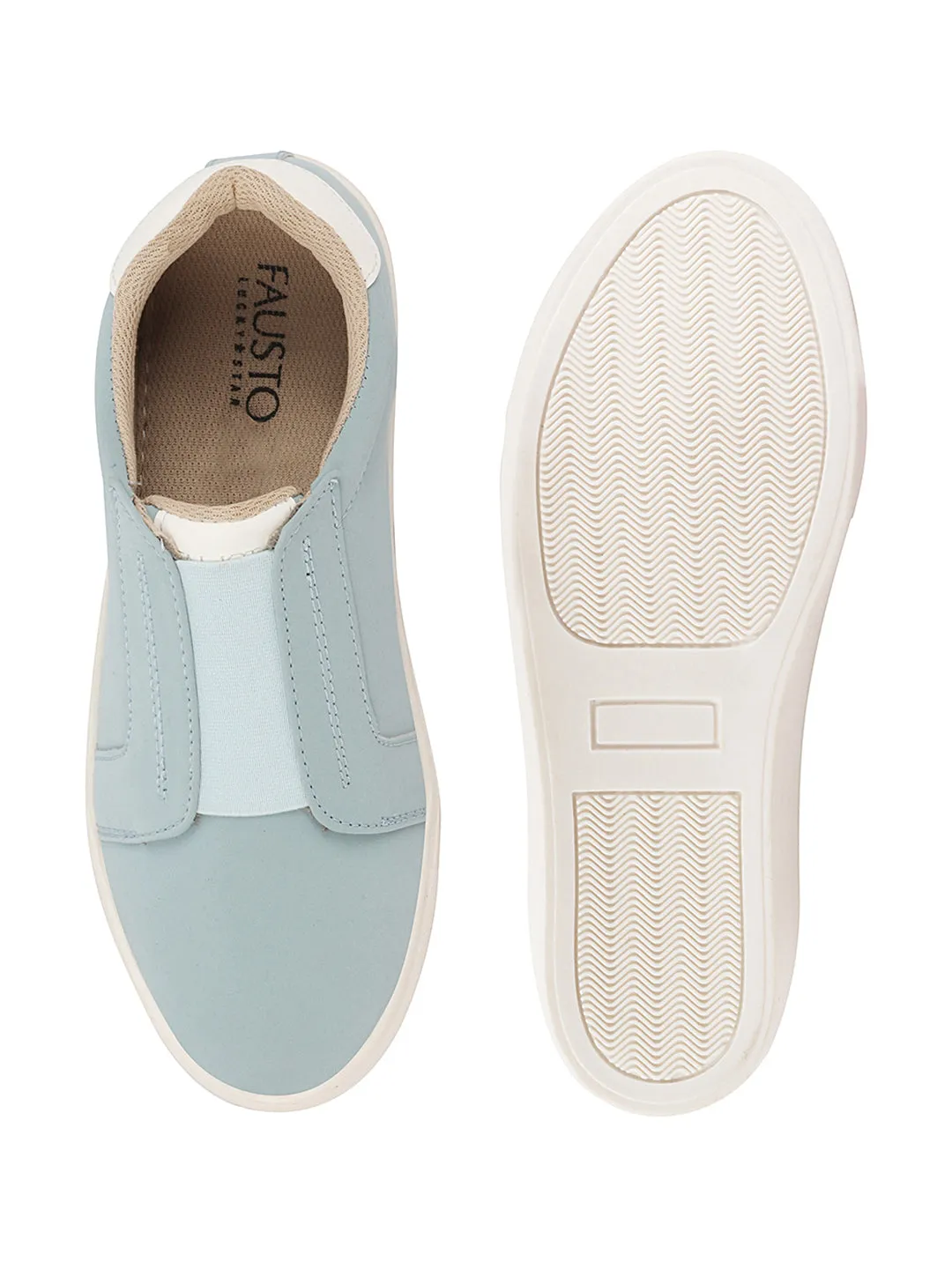 Women Sky Blue Elastic Closure Stitched Comfort Slip On Sneaker Shoes